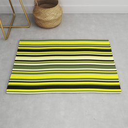 [ Thumbnail: Yellow, Dark Olive Green, Light Yellow, and Black Colored Lines Pattern Rug ]