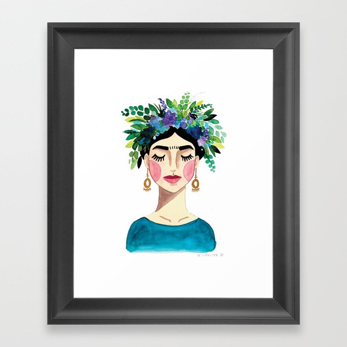 Floral Frida - Blue Framed Art Print