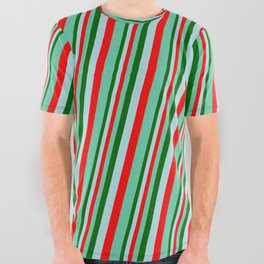 [ Thumbnail: Dark Green, Powder Blue, Red & Aquamarine Colored Pattern of Stripes All Over Graphic Tee ]