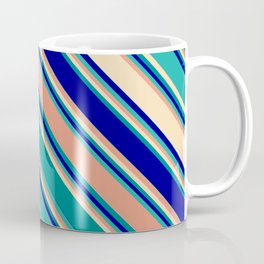[ Thumbnail: Vibrant Dark Salmon, Tan, Dark Cyan, Dark Blue, and Light Sea Green Colored Striped/Lined Pattern Coffee Mug ]