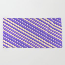 [ Thumbnail: Purple, Slate Blue, and Tan Colored Striped Pattern Beach Towel ]