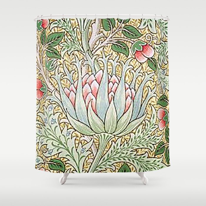 William Morris Green and Yellow Artichoke Wallpaper Vintage Floral Pattern Victorian Green Floral Pattern Shower Curtain