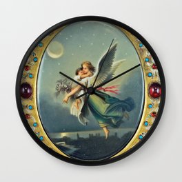 The Guardian Angel in flight over twilight in the city bejeweled portrait painting Wall Clock