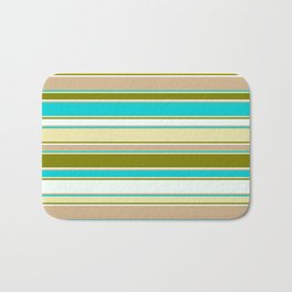 [ Thumbnail: Colorful Dark Turquoise, Pale Goldenrod, Green, Mint Cream & Tan Colored Lined/Striped Pattern Bath Mat ]
