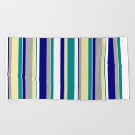 [ Thumbnail: Eye-catching Dark Cyan, Pale Goldenrod, Dark Grey, Blue, and White Colored Lines Pattern Beach Towel ]