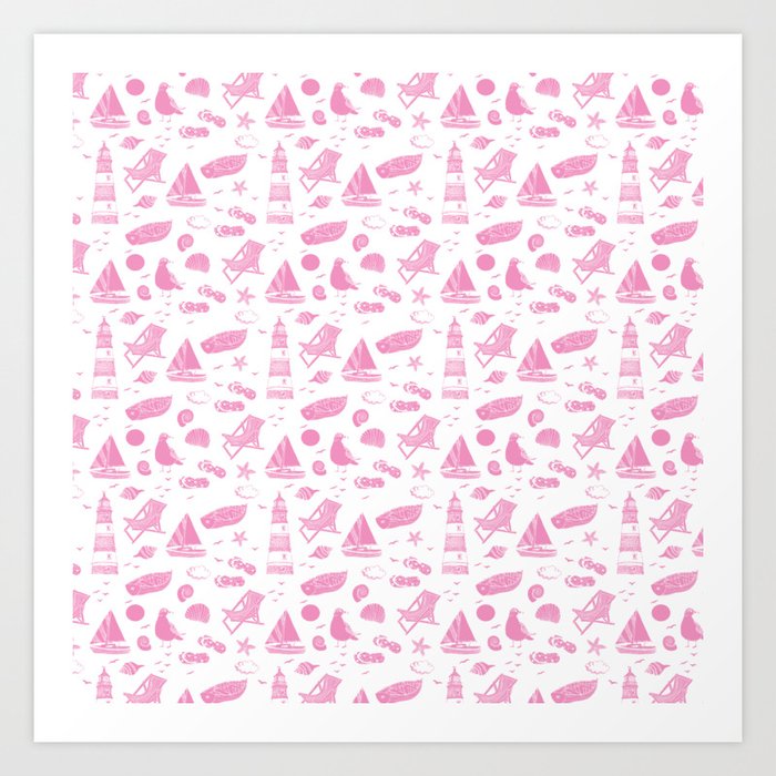 Pink Summer Beach Elements Pattern Art Print