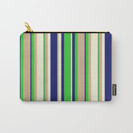 [ Thumbnail: Midnight Blue, Lime Green, Tan & Beige Colored Stripes/Lines Pattern Carry-All Pouch ]