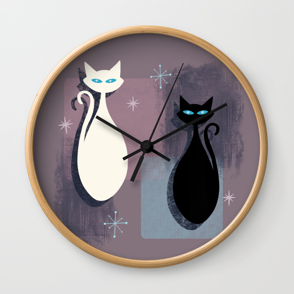 Jazzy Midcentury Modern Black And White Abstract Cats Wall Clock