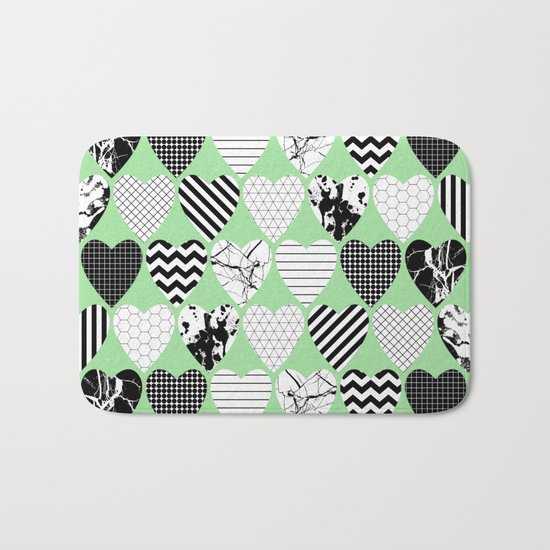 Hearts On Pastel Green - Abstract, black and white, geometric Bath Mat