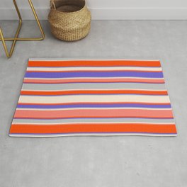 [ Thumbnail: Eye-catching Slate Blue, Grey, Beige, Salmon, and Red Colored Striped Pattern Rug ]