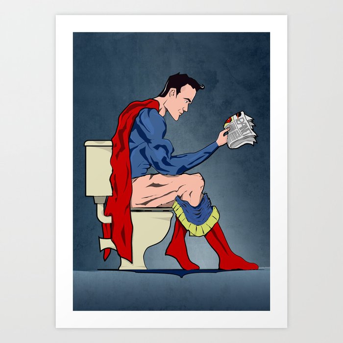Superhero On Toilet, Restroom, bathroom art Art Print