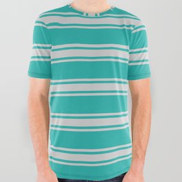 [ Thumbnail: Light Sea Green & Light Gray Colored Pattern of Stripes All Over Graphic Tee ]