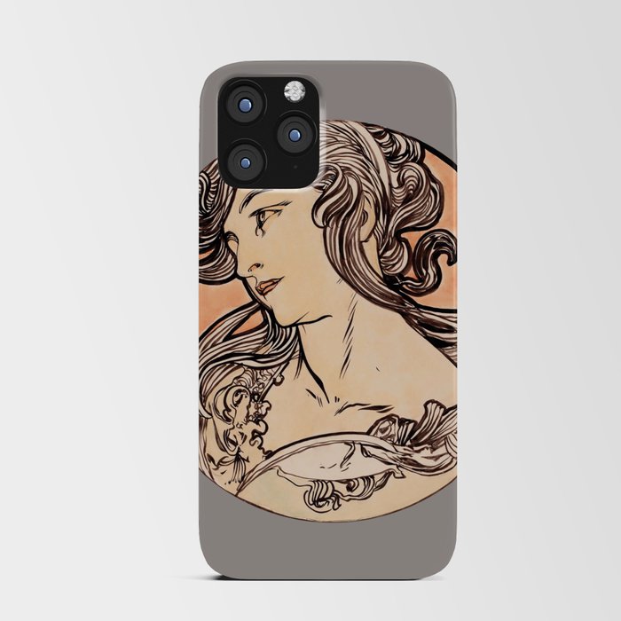 Art Nouveau Portrait of Woman II by Alphonse Mucha (Dark Greige Background) iPhone Card Case