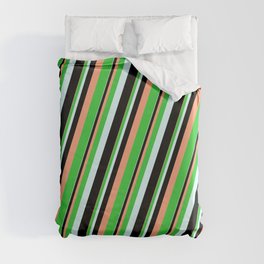 [ Thumbnail: Light Salmon, Lime Green, Light Cyan, and Black Colored Lines/Stripes Pattern Duvet Cover ]