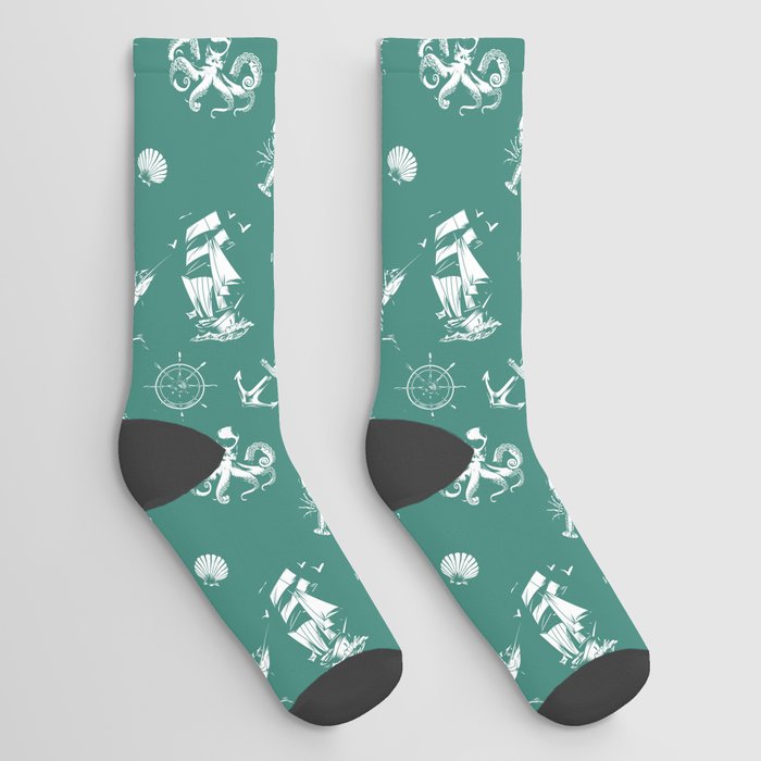 Green Blue And White Silhouettes Of Vintage Nautical Pattern Socks