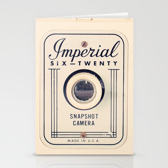 Retro Beige Camera on a Violet Paisley Background Stationery Cards