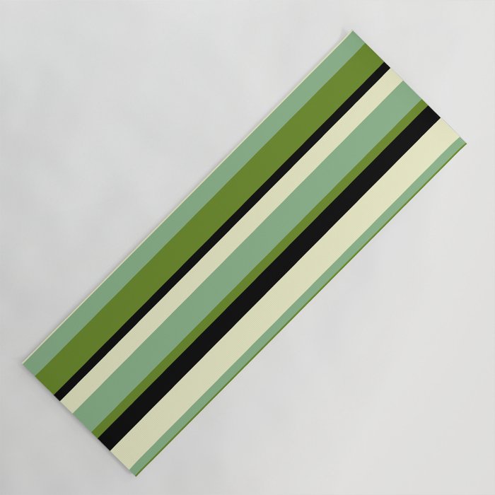 Dark Sea Green, Green, Black & Light Yellow Colored Striped/Lined Pattern Yoga Mat