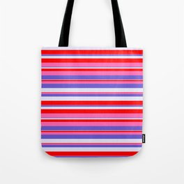 [ Thumbnail: Slate Blue, Lavender, Red & Hot Pink Colored Stripes/Lines Pattern Tote Bag ]