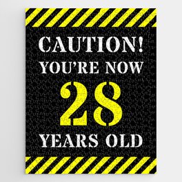 [ Thumbnail: 28th Birthday - Warning Stripes and Stencil Style Text Jigsaw Puzzle ]