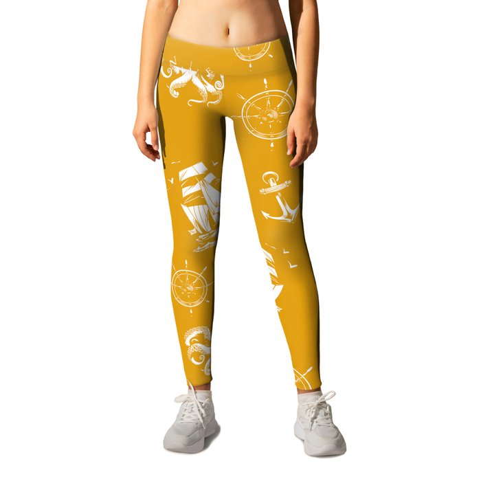 Mustard And White Silhouettes Of Vintage Nautical Pattern Leggings