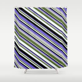 [ Thumbnail: Slate Blue, Grey, Dark Olive Green, Mint Cream, and Black Colored Stripes Pattern Shower Curtain ]