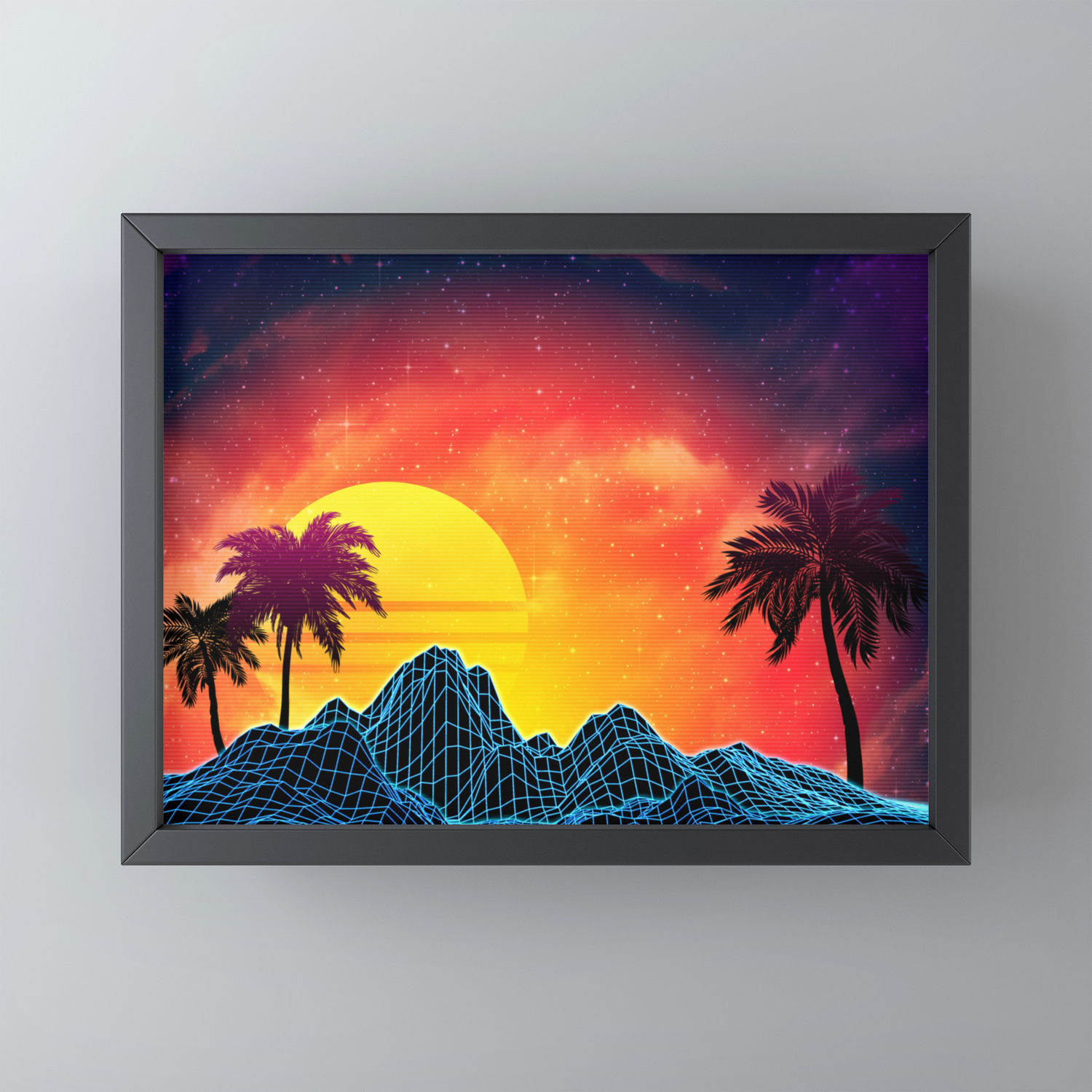 Sunset Vaporwave Landscape With Rocks And Palms Framed Mini Art Print By Annartshock Society6