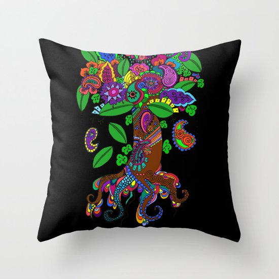 Psychedelic Paisley Tree - on Black Background Throw Pillow