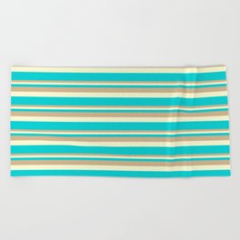 [ Thumbnail: Tan, Light Yellow, and Dark Turquoise Colored Lined Pattern Beach Towel ]