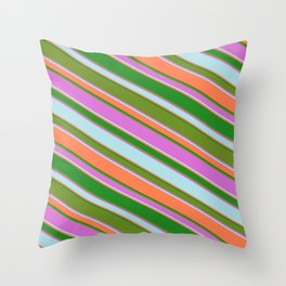 [ Thumbnail: Eyecatching Green, Orchid, Powder Blue, Coral & Forest Green Colored Lined Pattern Throw Pillow ]