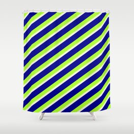 [ Thumbnail: Dark Blue, Light Green, and Beige Colored Striped Pattern Shower Curtain ]