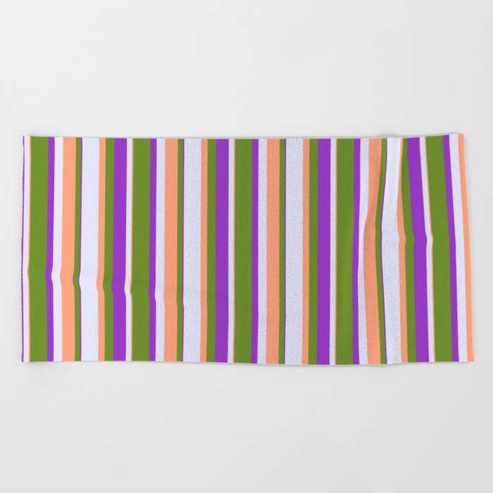 Green, Light Salmon, Lavender & Dark Orchid Colored Stripes Pattern Beach Towel