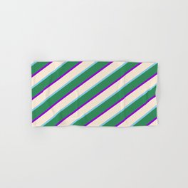 [ Thumbnail: Sea Green, Dark Violet, Beige, and Sky Blue Colored Striped Pattern Hand & Bath Towel ]