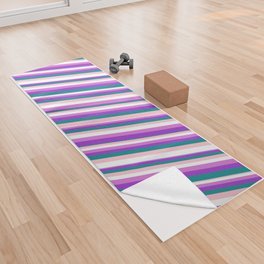 [ Thumbnail: Eye-catching Pink, Mint Cream, Orchid, Dark Orchid & Dark Cyan Colored Stripes Pattern Yoga Towel ]