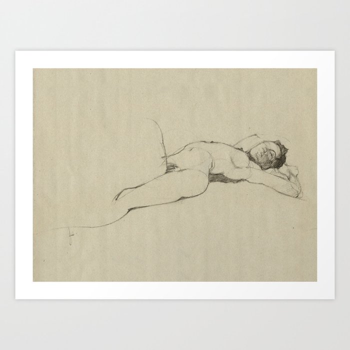 Sleeping Nude Woman Drawing Sketch Female Figure Gesture Resting on Back Art Print