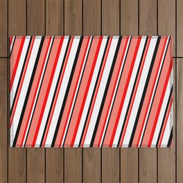 [ Thumbnail: Salmon, Red, White, and Black Colored Striped/Lined Pattern Outdoor Rug ]