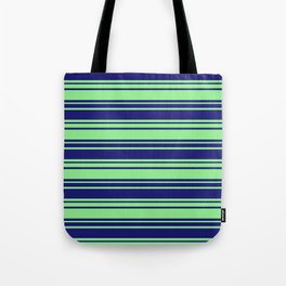 [ Thumbnail: Midnight Blue and Light Green Colored Striped/Lined Pattern Tote Bag ]