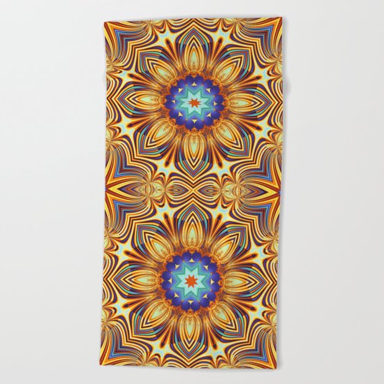 Kaleidoscope abstract with a flower shape and tribal patterns Beach Towel