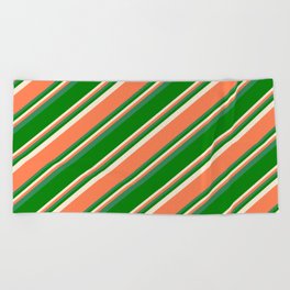 [ Thumbnail: Beige, Coral, Sea Green, and Green Colored Pattern of Stripes Beach Towel ]