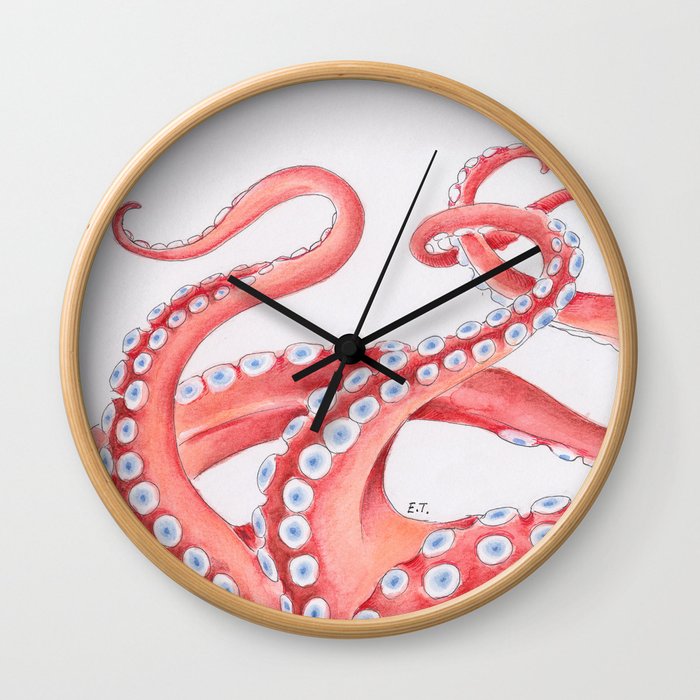 Red Tentacles Octopus Watercolor Ink Wall Clock