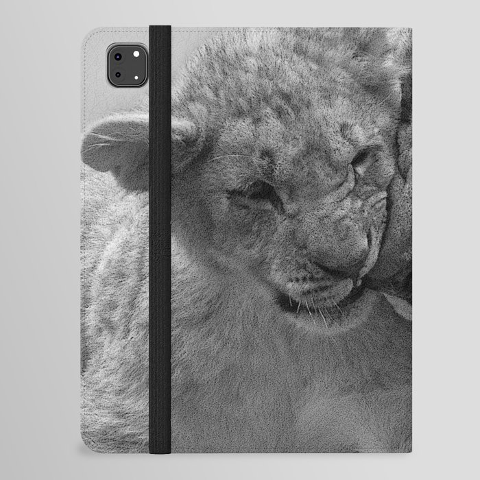 Baby lion cub kissing grouchy, annoyed lion daddy nature feline cat funny black and white photograph - photography - photographs iPad Folio Case