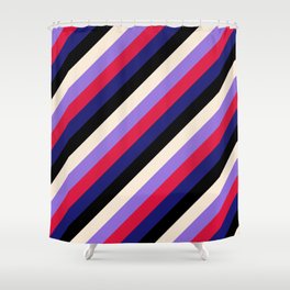 [ Thumbnail: Beige, Purple, Crimson, Midnight Blue, and Black Colored Lines/Stripes Pattern Shower Curtain ]