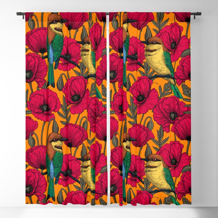 Bee eaters and poppies on orange Blackout Curtain