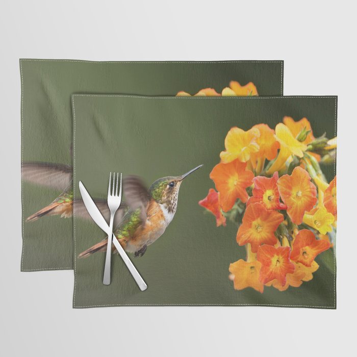 Brown, Green and White Hummingbird with Little Yellow-Orange Flowers - Bird / Animal / Wildlife / Floral Nature Photograph Placemat and More