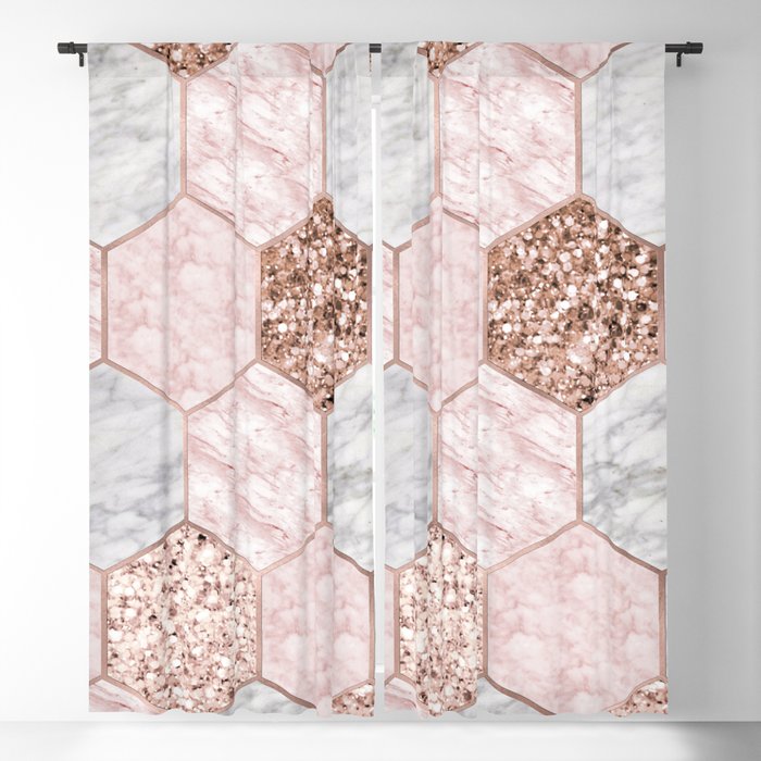 Rose gold dreaming - marble hexagons Blackout Curtain