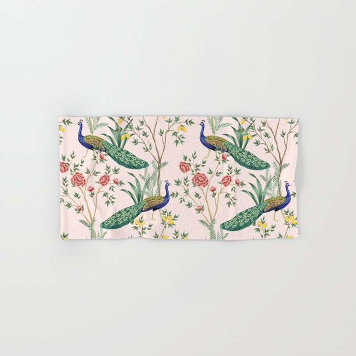 Vintage garden lemon fruit tree, plant, exotic peacock floral seamless pattern pink background. Exotic chinoiserie hand drawn.  Hand & Bath Towel