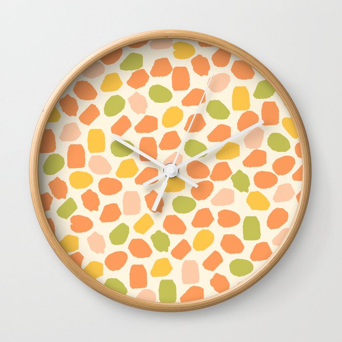 Ink Dot Mosaic Pattern Light Green Orange Mustard Blush Cream Wall Clock