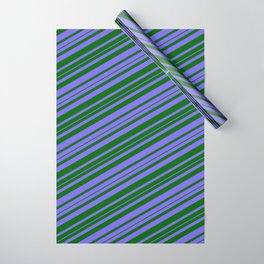 [ Thumbnail: Medium Slate Blue and Dark Green Colored Striped Pattern Wrapping Paper ]