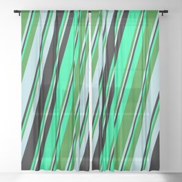 [ Thumbnail: Green, Forest Green, Powder Blue, and Black Colored Striped/Lined Pattern Sheer Curtain ]