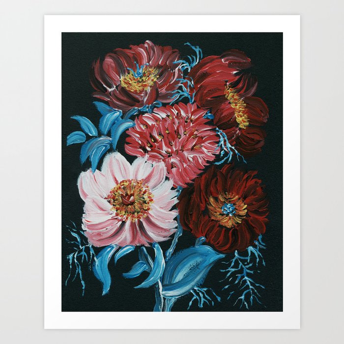 THANKFULNESS/ RED AND PINK FLORAL/ BLUE LEAVES  Art Print
