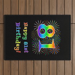 [ Thumbnail: 81st Birthday - Fun Rainbow Spectrum Gradient Pattern Text, Bursting Fireworks Inspired Background Outdoor Rug ]